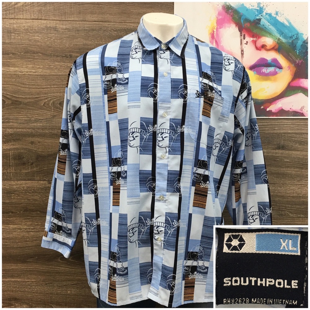 Southpole Mens XL Cholo Homie Gagnsta Long Sleeve Button Down Shirt Y2K Vintage